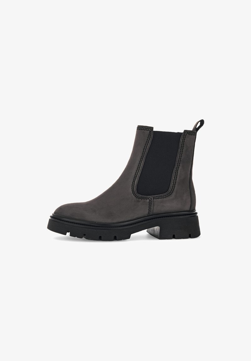 Schwarze Chelsea-Stiefel mit einem glatten Lederobermaterial, elastischen seitlichen Einsätzen und einer robusten Gummi-Sohle mit einem leicht rutschfesten Profil.