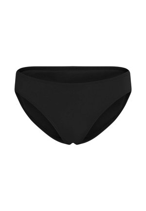 Bas de bikini noir avec une texture lisse, coupe classique et taille élastique. Présente un design simple sans motifs ni ornements.