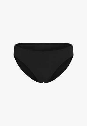 Parte inferior de bikini negra con textura lisa, corte clásico y cintura elástica. Presenta un diseño simple sin patrones ni adornos.