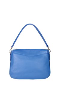 Borsa in pelle blu con una texture liscia, forma strutturata e parte superiore curva. Presenta un manico singolo e dettagli in metallo.
