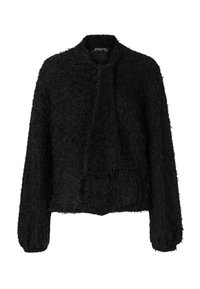 Schwarzer, flauschiger, kurz geschnittener Pullover mit rundem Halsausschnitt, langen Ärmeln und einer offenen Vorderseite mit Bindedetail. Die Textur ist weich und fusselig.