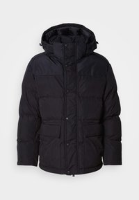 Black puffer jacket with a hood, featuring a zip and snap button closure, two front pockets, and quilted texture.