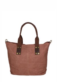 Borsa tote in tela marrone con manici marroni scuri e accenti metallici. Caratterizzata da un design spazioso e una texture morbida. Hardware in ottone visibile.