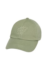 Olijfgroene pet met een gebogen klep, gemaakt van katoen, met een wit geborduurd logo aan de voorkant en zichtbare stikseldetails.
