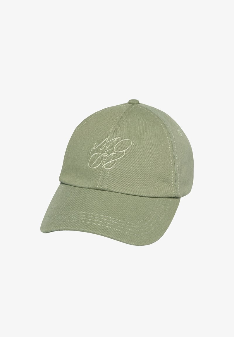 Olive green cap with a curved brim, made of cotton, featuring a white embroidered logo on the front and visible stitching details.