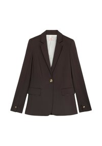 Blazer ajusté marron foncé avec revers, fermeture à un bouton doré, poches à rabat sur le devant et boutons dorés aux poignets.