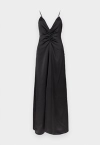 Rochie lungă din satin negru cu pliuri în față, decolteu adânc în V și bretele subțiri decorate.