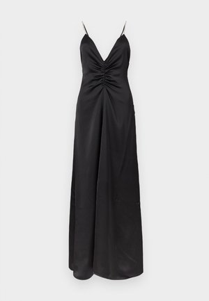 Black satin long dress with ruched front, deep V-neckline, and thin embellished shoulder straps.
