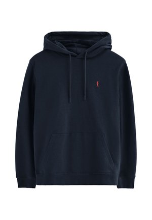 Marineblaue Kapuzenjacke aus weichem Stoff, mit einer Fronttasche, Kordelzugkapuze und einem kleinen roten Logo auf der Brust.