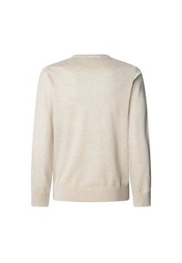 Helles beiges Sweater mit Rundhalsausschnitt, langen Ärmeln und geripptem Saum. Der Stoff wirkt weich mit subtiler Textur und ohne sichtbare Muster oder Verzierungen.