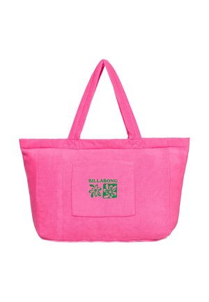 Borsa a mano rosa acceso con due manici e una tasca frontale con il logo Billabong verde con motivo floreale.
