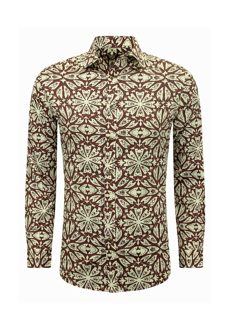 Langarmshirt in bruin en crème, met een bloemmotief. Katoenen stof met een classique kraag en een knoopsluiting aan de voorkant.