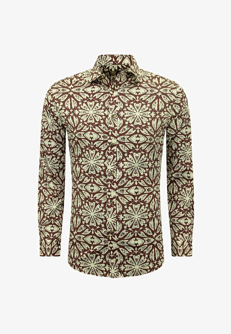 Langarmshirt in bruin en crème, met een bloemmotief. Katoenen stof met een classique kraag en een knoopsluiting aan de voorkant.