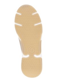 Semelle en caoutchouc beige avec un motif géométrique, dotée d'un logo central. Bords renforcés et canaux pour une adhérence et une flexibilité optimales.