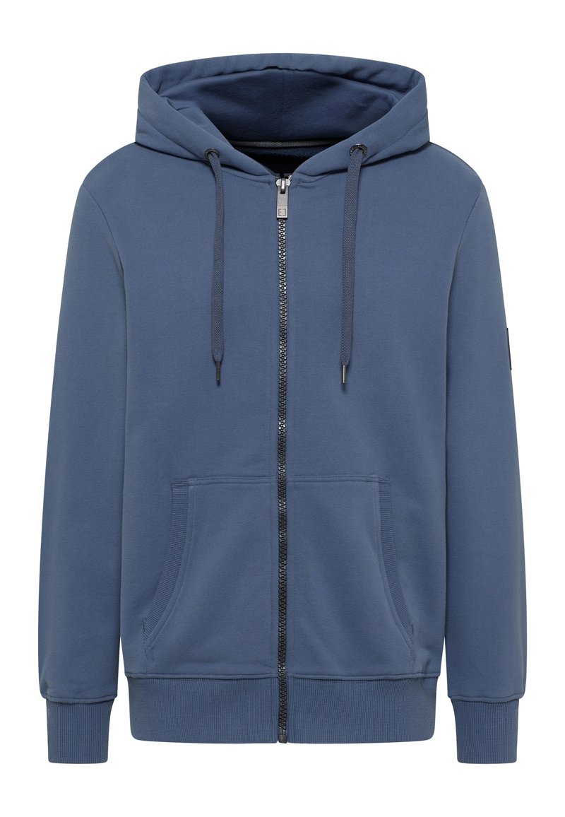Blue zip-up hoodie with a drawstring hood, front pockets, ribbed cuffs and hem, made from soft fabric with a smooth texture.