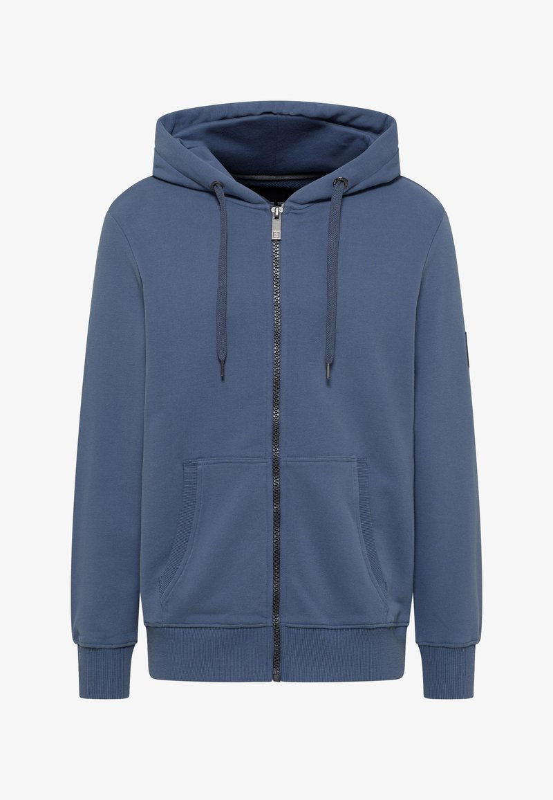 Blaues Zip-Hoodie mit einer Kapuze mit Kordelzug, Fronttaschen, gerippten Bündchen und Saum, aus weichem Stoff mit glatter Textur.