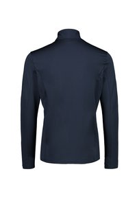 M�ørkeblå langærmet skjorte med høj krave, lavet af glat, strækbart stof. Har flade sømme og en tætsiddende design.