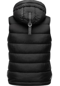 Black puffer vest with a high collar and hood. Features quilted texture and a drawstring detail with a silver ring at the back.