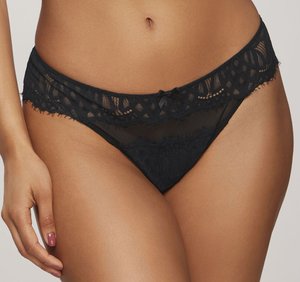 Black lace thong featuring intricate patterns, a delicate bow accent, and sheer panels along the waistband and legs.