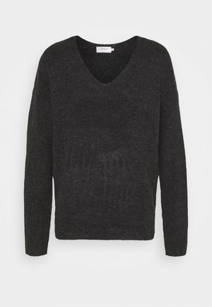 Black knit sweater with a V-neck design. Features long sleeves and a relaxed shape. Texture appears soft, with ribbed detailing throughout.
