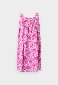 Λευκό φόρεμα χωρίς μανίκια με ροζ floral μοτίβο, τετράγωνο ντεκολτέ και ρυτιδωμένες λεπτομέρειες υφάσματος στο στήθος.