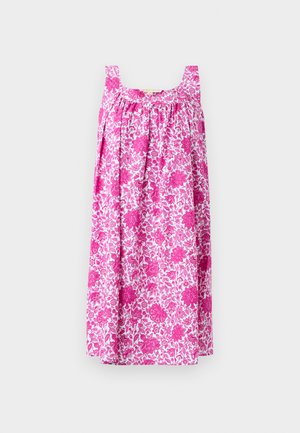 Λευκό φόρεμα χωρίς μανίκια με ροζ floral μοτίβο, τετράγωνο ντεκολτέ και ρυτιδωμένες λεπτομέρειες υφάσματος στο στήθος.