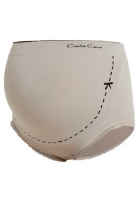 Beige Umstandsunterwäsche mit nahtlosem Design, featuring ein dekoratives Stichmuster und Spitzenrand an den Beinausschnitten. "Cache Cœur" Logo am Bund aufgedruckt.