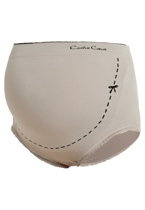Beige zwangerschapsondergoed met een naadloos ontwerp, voorzien van een decoratieve stikselpatroon en kantafwerking langs de beenopeningen. "Cache Cœur" logo gedrukt op de tailleband.