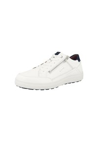 Hvide lædersneakers med tekstureret overdel, marineblå detaljer, snøring foran og lynlåslukning på siden. Holdbar gummisål med skridsikkert mønster.