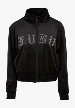 Jachetă neagră din catifea, cu fermoar, guler înalt, având litere din stras ce formează cuvântul "FUBU" și manșete și margine elastică.