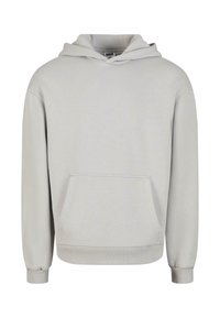 Ljusgrå huvtröja med framficka och långa ärmar, visad mot en vit bakgrund.