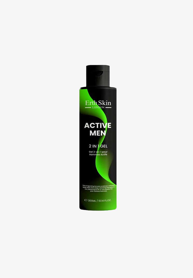 Black cylindrical bottle with a green wave design. Label features brand name, product title "ACTIVE MEN," and "2 IN 1 GEL." 300ml volume.