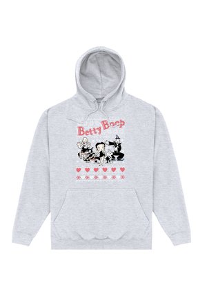 Szara bluza z kapturem z grafiką z przodu przedstawiającą Betty Boop oraz postacie w czerni i bieli, z czerwonym tekstem, sercami i wzorami płatków śniegu.