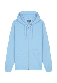 Haut de sweat à capuche zippé bleu clair en tissu doux, avec une capuche, deux poches avant et des cordons de serrage. Design simple avec des poignets côtelés.