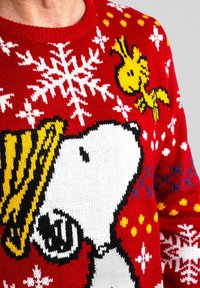 Roter Strickpullover mit Snoopy- und Woodstock-Designs, weißen Schneeflocken und gelben Akzenten. Weiche Textur mit klassischem Rundhalsausschnitt.