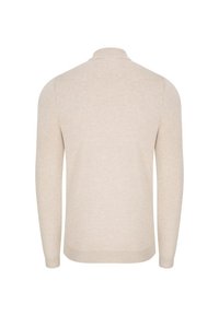 Beżowy sweter z długim rękawem, dziany, z ryflem przy kołnierzu, mankietach i dolnym brzegu, pokazany z tyłu na białym tle.