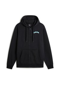 Czarna bluza z kapturem na zamek, wykonana z miękkiej tkaniny, z przednią kieszenią kangurką i niebieskim logo "VANS" na lewej piersi.
