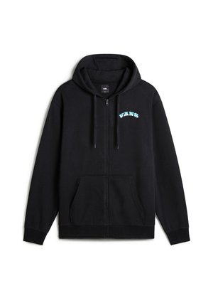Felpa nera con zip realizzata in tessuto morbido, con una tasca a marsupio frontale e il logo blu "VANS" sulla parte sinistra del petto.