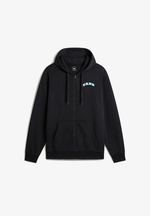 Schwarze Zip-Hoodie aus weichem Stoff, mit einer vorderen Kängurutasche und blauem "VANS"-Logo auf der linken Brustseite.