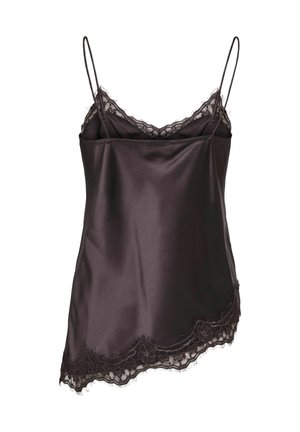 Czarna satynowa koszulka na cienkich, regulowanych ramiączkach, ozdobiona koronkową lamówką wzdłuż dekoltu i brzegu, o gładkiej teksturze i luźnym kroju.