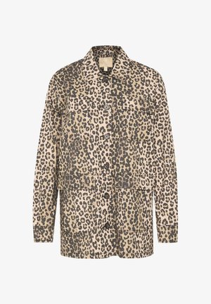 Leren jasje met luipaardprint in beige en donkerbruin. Voorzien van twee voorzakken, knoopsluiting en een relaxed fit. Gemaakt van zachte stof.