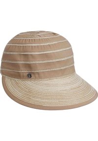 Šviesiai ruda kepurė su horizontaliais dryžiais, pagaminta iš lengvos medžiagos. Turi plačią skrybėlę ir mažą logotipo metalinį akcentą šone.