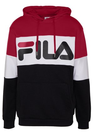 Bluza z kapturem w blokach kolorystycznych czerwonym, białym i czarnym, duże logo FILA na wysokości klatki piersiowej oraz kieszeń kangurka z przodu.