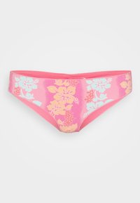 Pink bikini bottom with floral pattern in blue and yellow hues. Smooth texture, medium coverage, and elastic waistband for comfort.