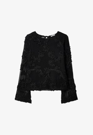 Musta pitkähihaisia paita, joka on valmistettu teksturoidusta kankaasta ja jossa on kukka-applikaatioita. Ominaisuuksiin kuuluu pyöreä pääntie ja levenevät hihat.