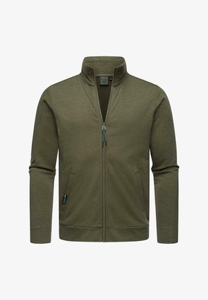 Olive green zip-up jacket with a high collar, side pockets, and ribbed cuffs. Made from soft fabric with a smooth texture.