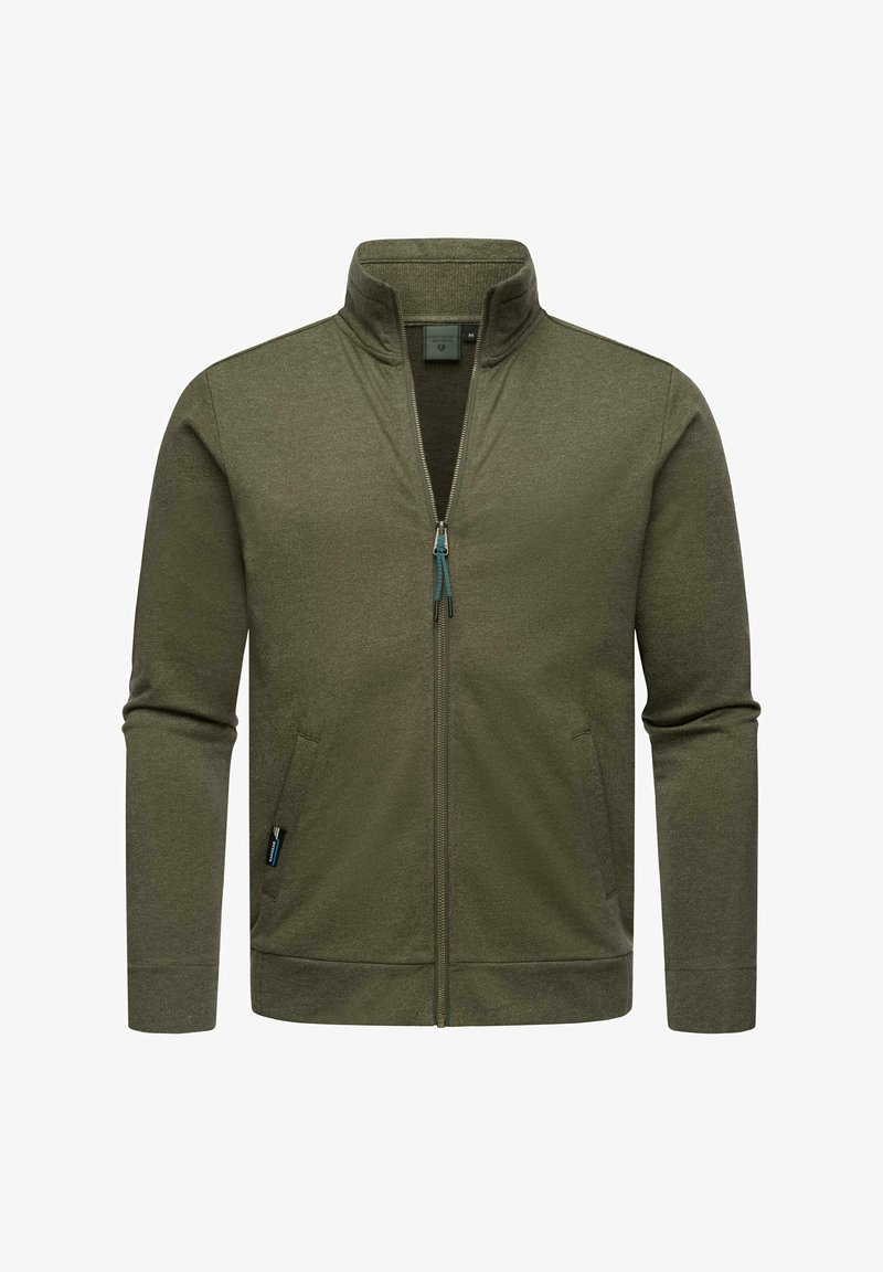 Maslinasto zeleni zip-jakna s visokim ovratnikom, bočnim džepovima i rebrastim manžetama. Napravljena od mekog materijala s glatkom teksturom.
