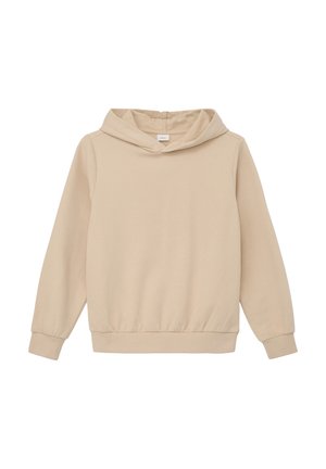 Beige Kapuze aus weichem Stoff, mit einer Zugkordelkapuze, langen Ärmeln mit elastischen Bündchen und einer lockeren Passform mit einem gerippten Saum.