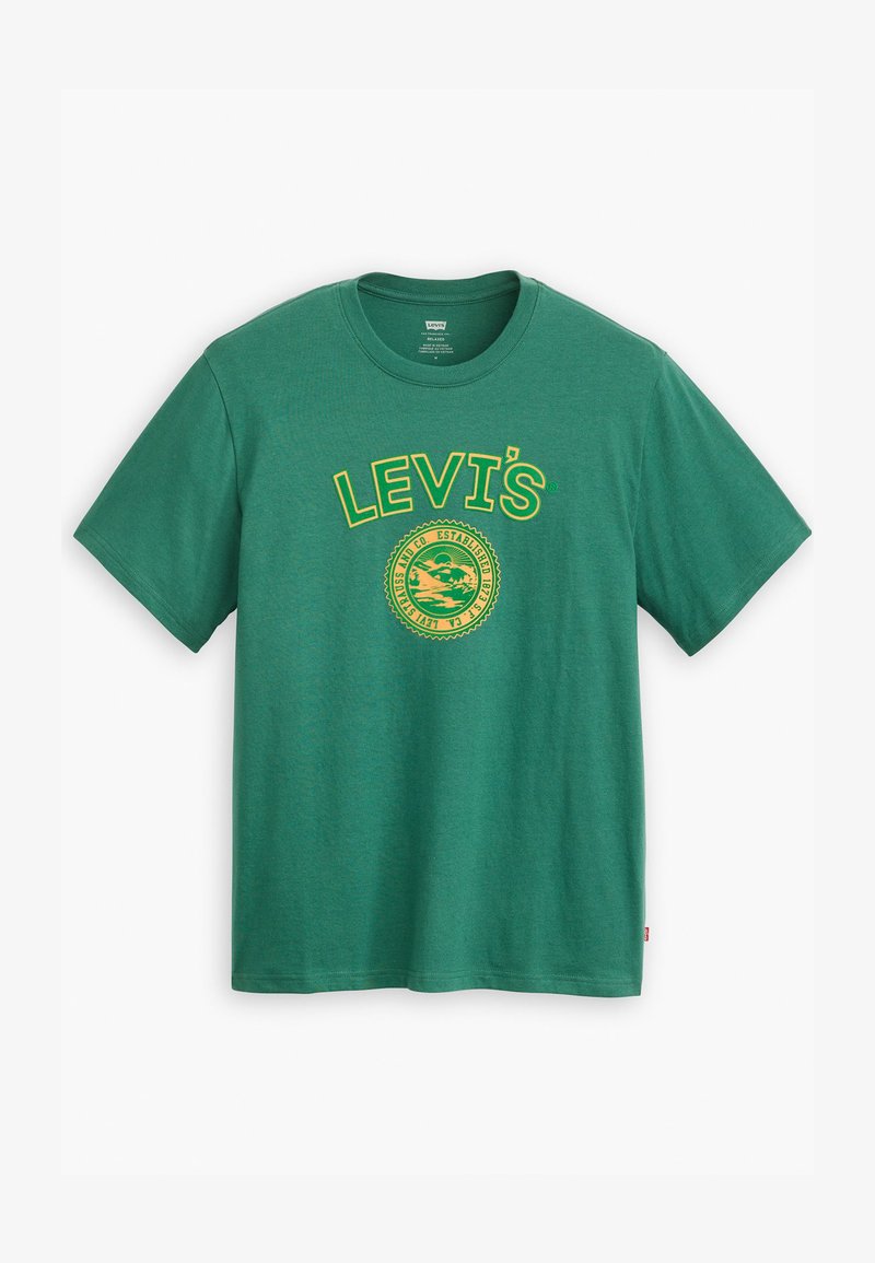 T-shirt en coton vert avec un col rond, des manches courtes et un logo Levi's jaune imprimé avec un détail graphique circulaire.