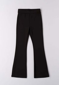Zwarte wijde flared broek met een brede tailleband, gemaakt van rekbaar materiaal, met een gladde textuur en zonder zichtbare patronen of hardware.